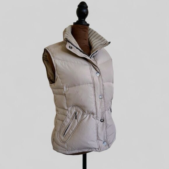 Street One Puffer Quilted Vest Tan Beige Size 6/8 Full Zip Buttons Turtle Neck - Picture 1 of 16
